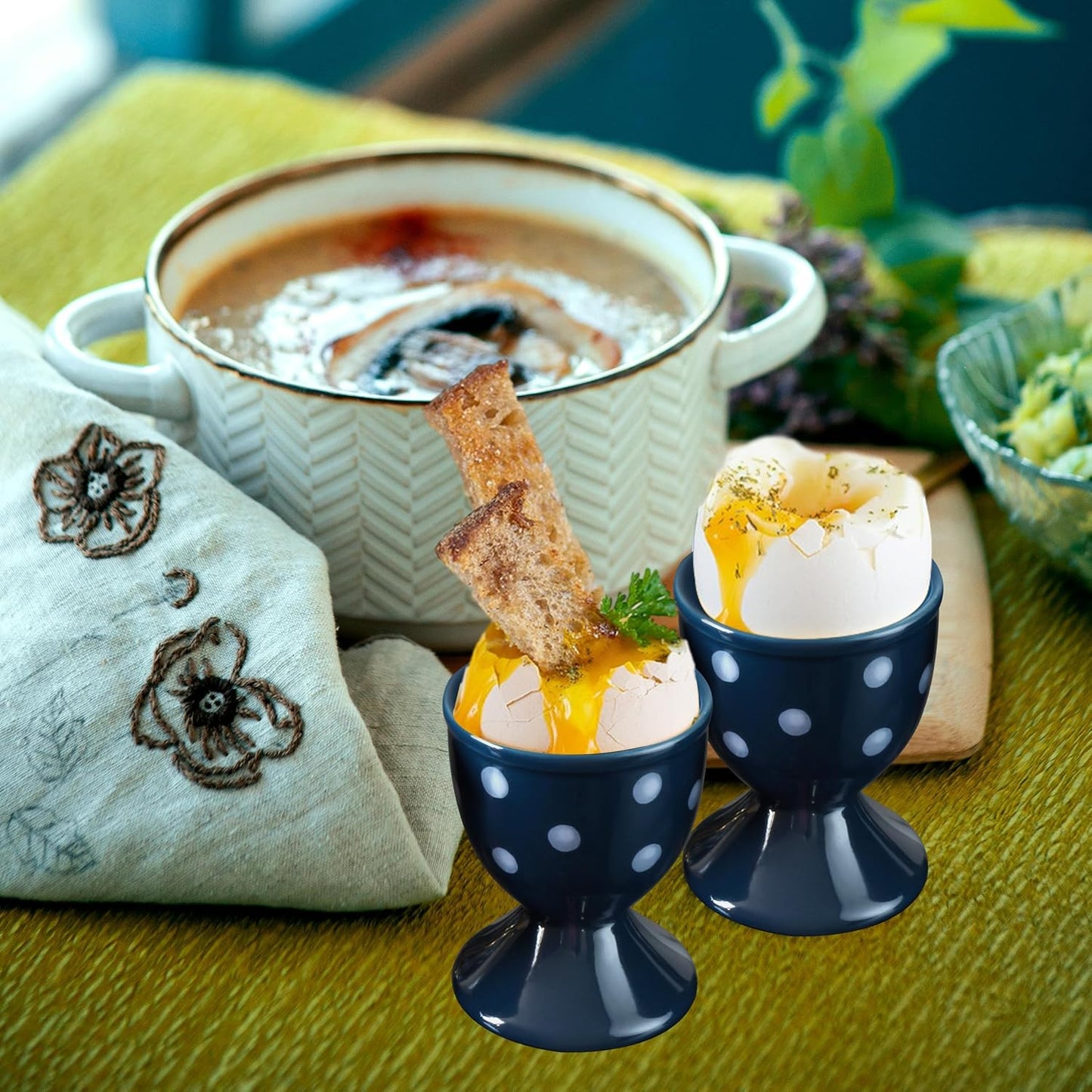 Cinf Easter Ceramic Egg Cup Blue Set of 2 Porcelain Holder Breakfast Boiled Cooking Easy to Clean Childhood Memories Kitchen