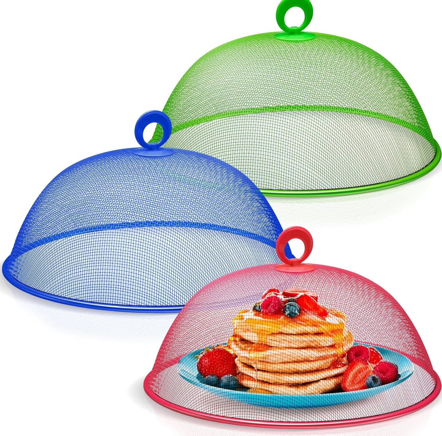 Metal Mesh Screen Food Cover Tent Umbrella, 10.75 inch, Reusable Outdoor Picnic Food Covers Mesh, Food Cover Net Keep Out Flies, Bugs, Mosquitoes (3 Pack, Green Blue Red)