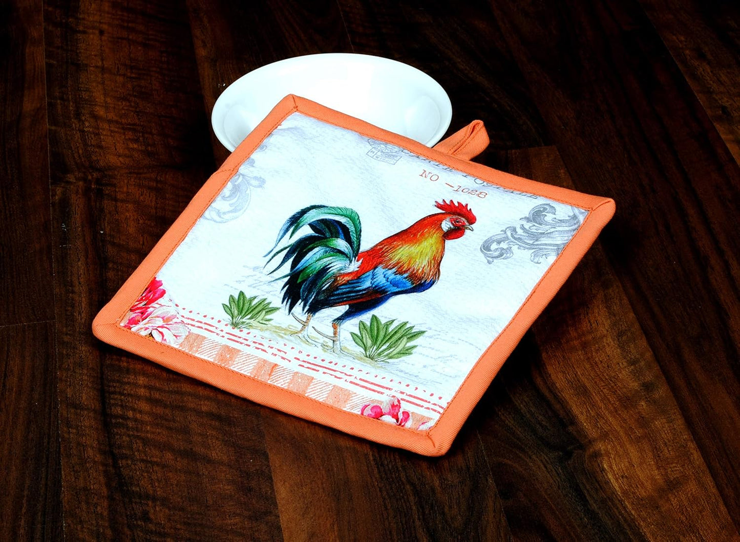 AMOUR INFINI Pot Holders Easter Decor Heat Resistant Cotton Set of 2 Nonslip 8"x8" Inch Hot Pads for Kitchen, BBQ, Baking & Cooking with Hanging Loops (Farm Rooster)