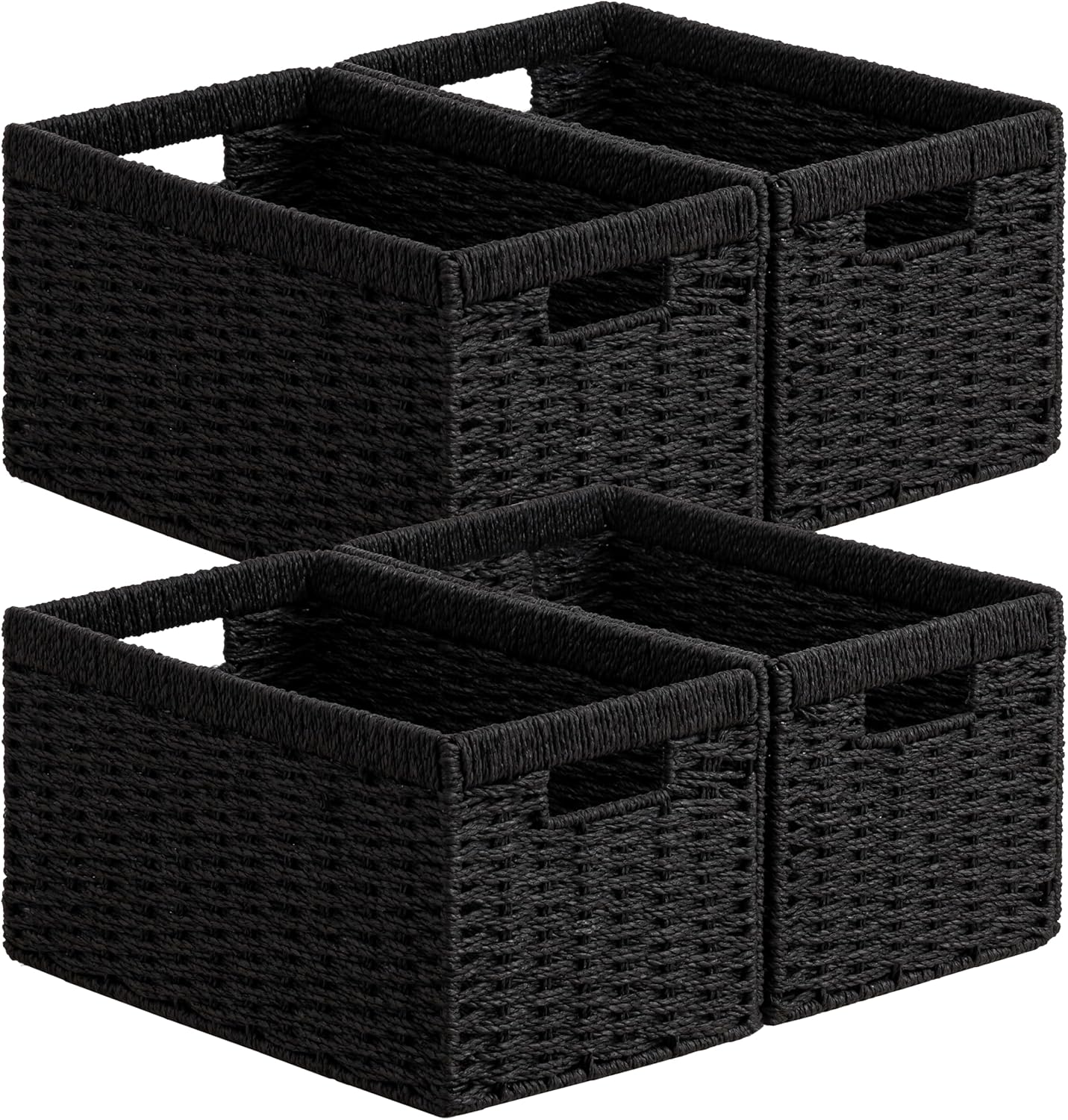 UBBCARE 4 Pack Wicker Basket, 13.4L×8.3H×7.1W inch Woven Paper Rope Storage Baskets for shelves, Foldable Rectangular Storage Baskets with Handle, Storage Basket for Organizing, Black