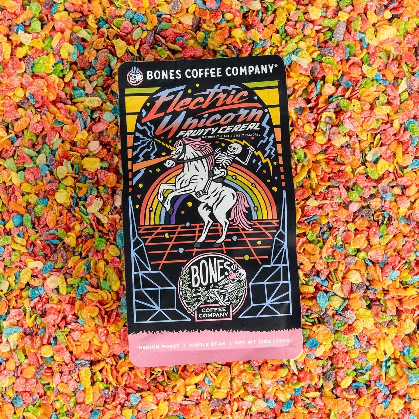 Bones Coffee Company Electric Unicorn, Fruity Cereal With Milk Flavored Coffee, Medium Roast Low Acid Arabica Beans Compatible with Auto drip and French Press Coffee Maker, 12 Oz Whole Bean