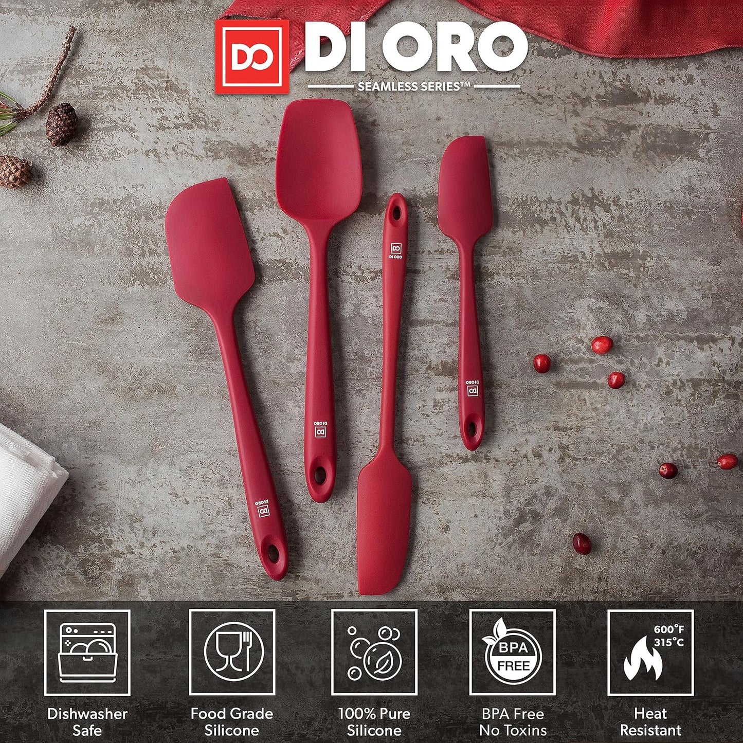 DI ORO Silicone Spatula Set - Rubber Kitchen Spatulas for Baking, Cooking, & Mixing - 600°F Heat-Resistant & BPA Free Silicone Scraper Spatulas for Nonstick Cookware - Dishwasher Safe (4pc, Red)