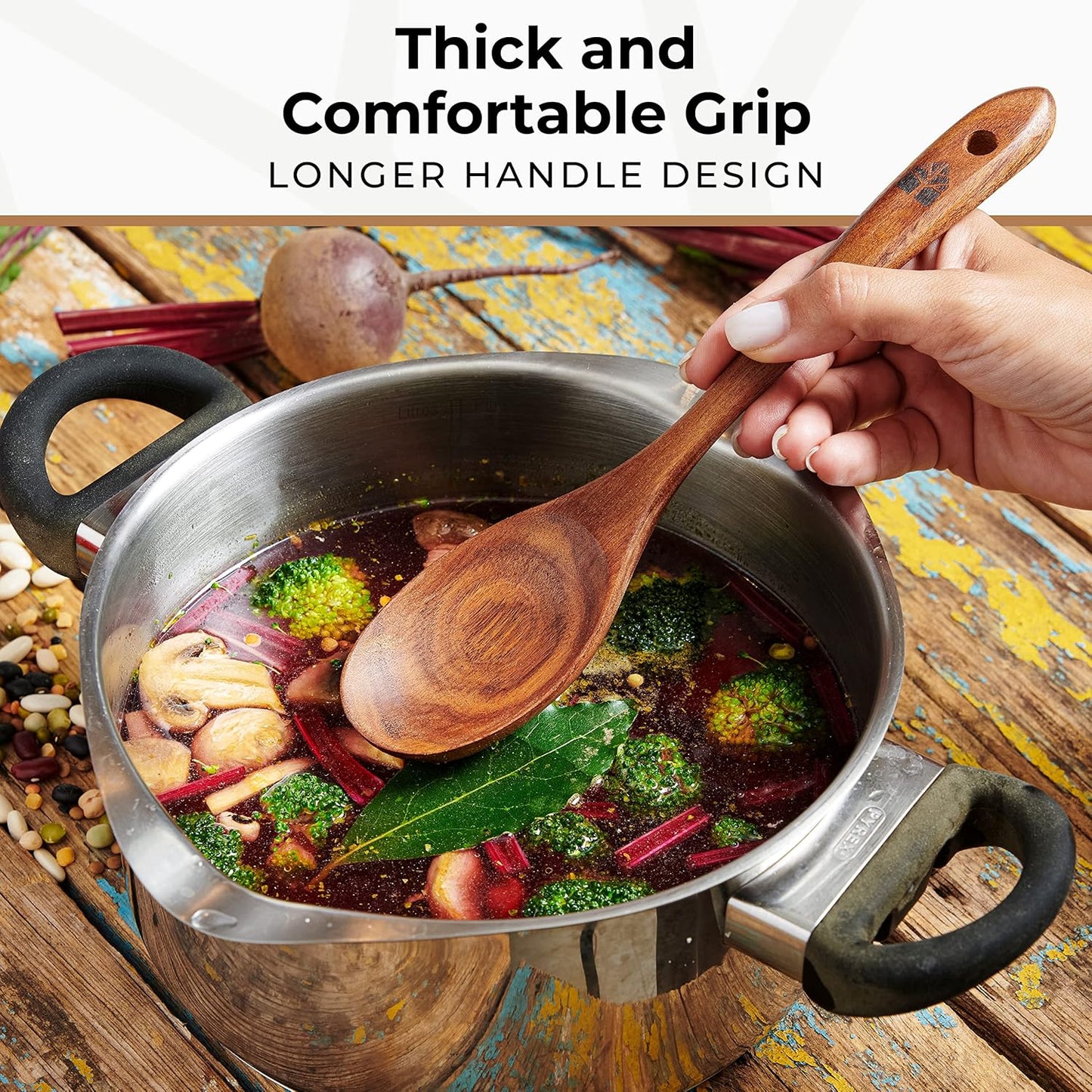 Wooden Spoons for Cooking, 10 Pcs Wooden Cooking Utensils Set – Wooden Utensil Set for Nonstick Pans & Cookware – Teak Wood - Sturdy, Lightweight & Heat Resistant