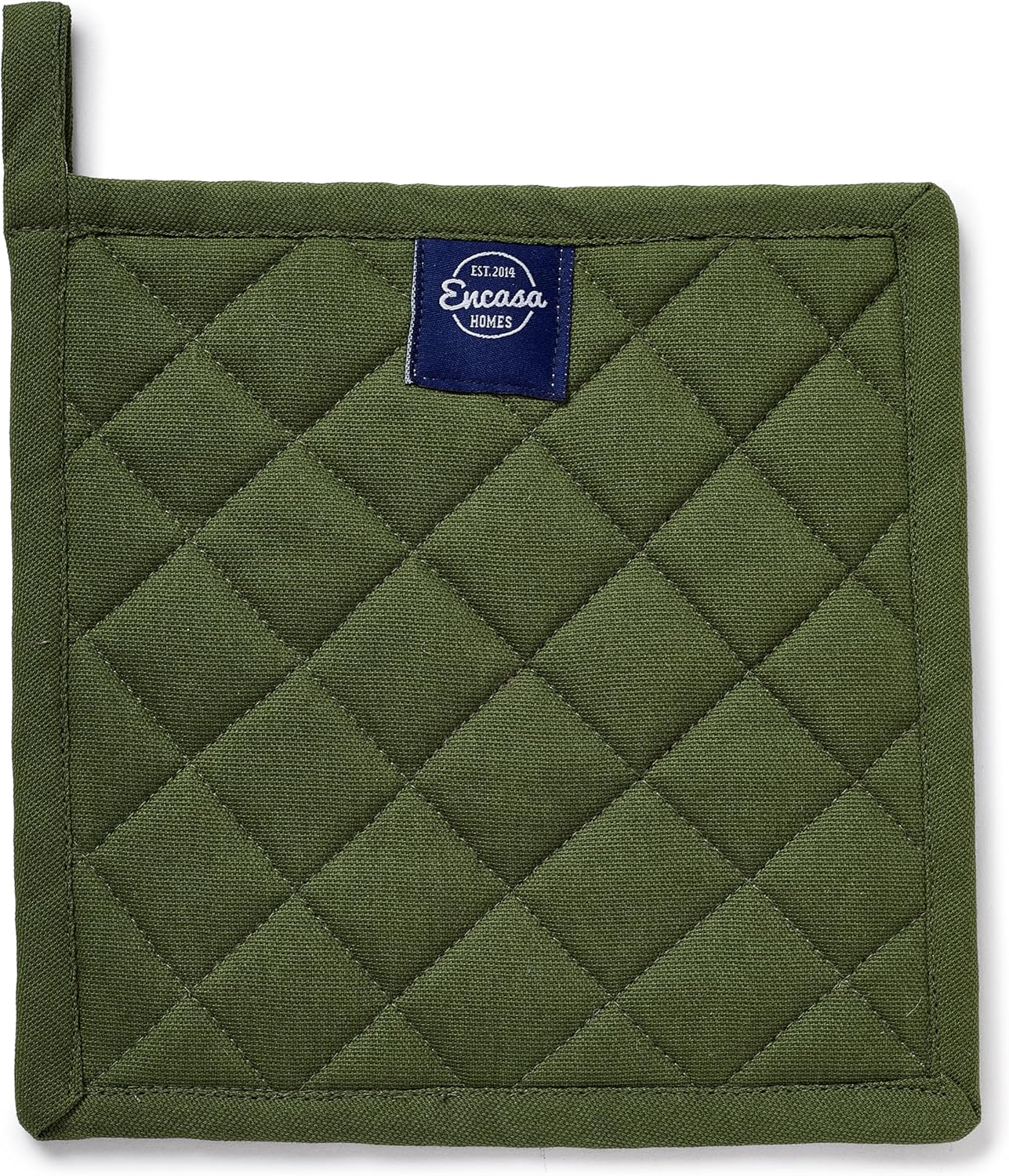 Encasa XO Heat Resistant Cotton Pot Holders with Hanging Loop - Set of 2 - Leaf Green - Multipurpose Quilted Everyday Hot Pad for Kitchen, Camping, BBQ & Microwave - 8x8 in