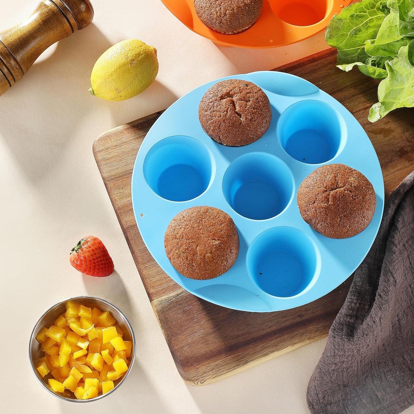 2 Pack Silicone Egg Bite Molds, Food Grade 7-Cups Air Fryer Muffin Pan for Baking Mini Muffins, Egg Bite, Tart, Mini Cupcake and Quiche, Nonstick and BPA - Free (Orange+Blue)